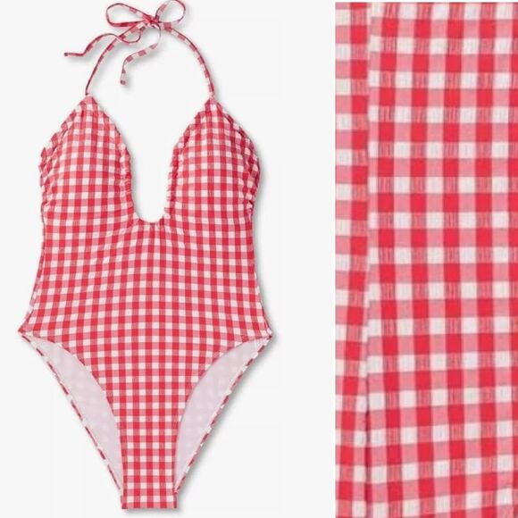Wild Fable Red Gingham Halter Neck High Leg One Piece Swimsuit XL - Picture 2 of 16